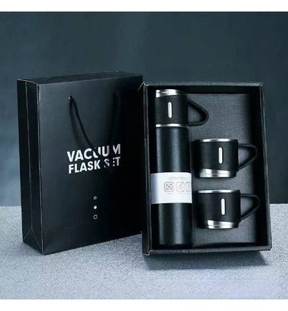 DE Steel Vacuum Flask Set with 3 Steel Cups Combo - 500ml